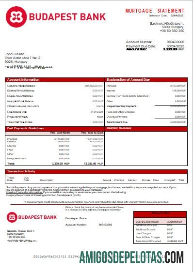 Hungria Budapest Bank – Szolnoki Branch Bank Extrato de hipoteca Scr amostra